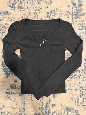 PacSun Women's Long Sleeve Henley Top - Dark Charcoal